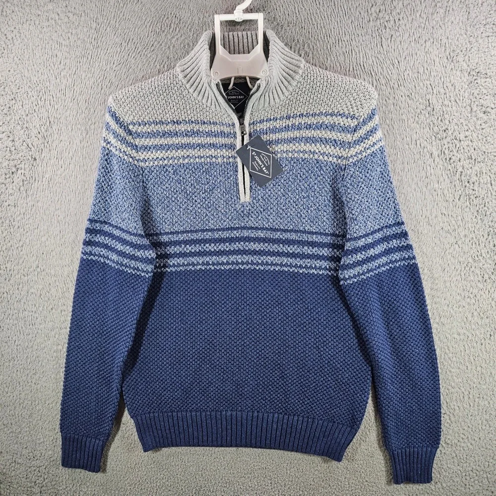 St Johns Bay Mens‎ Quarter Zip Sweater Blue Gray Striped Cotton Blend Small NWT